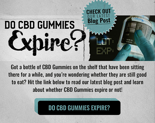 Check Out Our Latest Blog Post Got a bottle of CBD Gummies on the shelf that have been sitting there for a while, and you’re wondering whether they are still good to eat? Hit the link below to read our latest blog post and learn about whether CBD Gummies expire or not! Do CBD Gummies Expire?